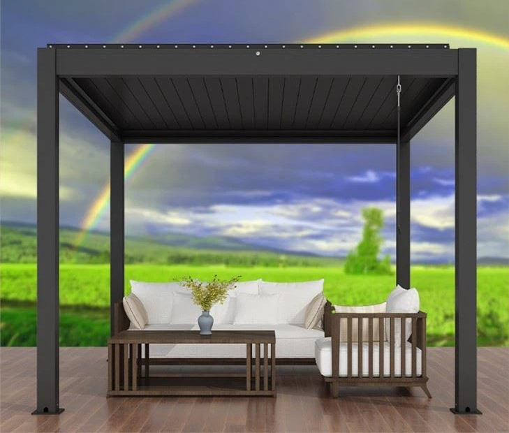 Garden pergola with manual louvers