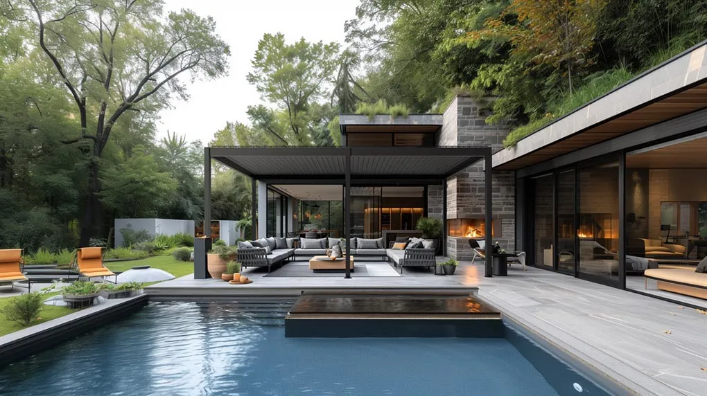 Mississauga pergola installation - 12x16 poolside pergola with motorized louvers and LED lighting
